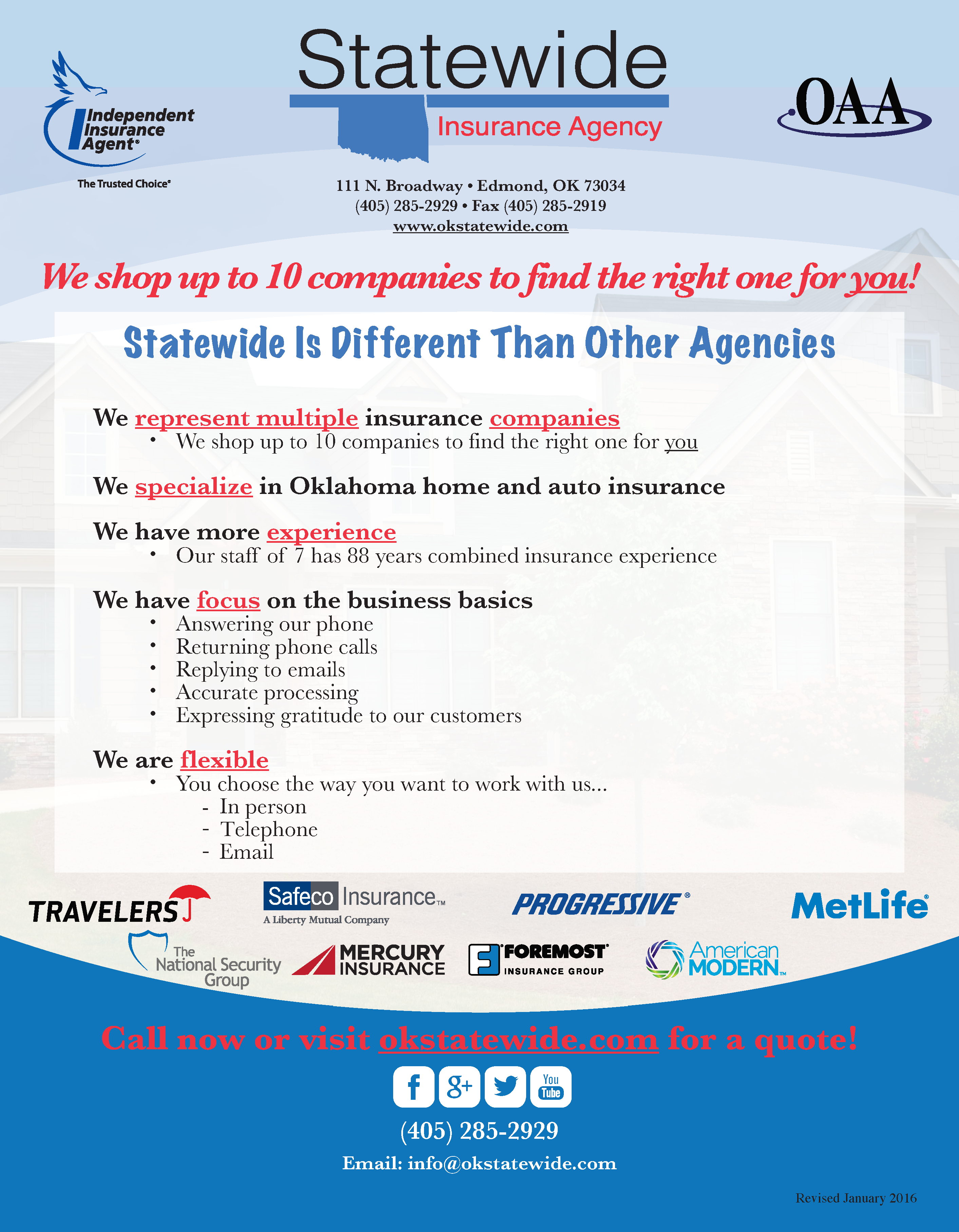 Statewide Home Insurance Flyer 2016 | Travelers | Safeco Insurance / A Liberty Mutual Company | Progressive | MetLife | The National Security Group | Mercury Insurance | Foremost Insurance Group | American Modern